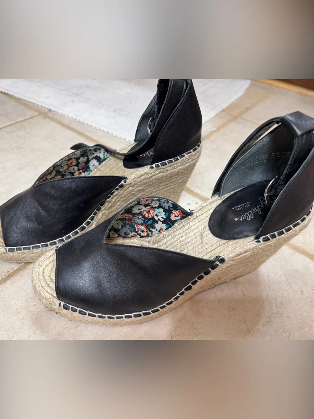 Seychelles Black Leather Peep-Toe Espadrille Wedge Sandals